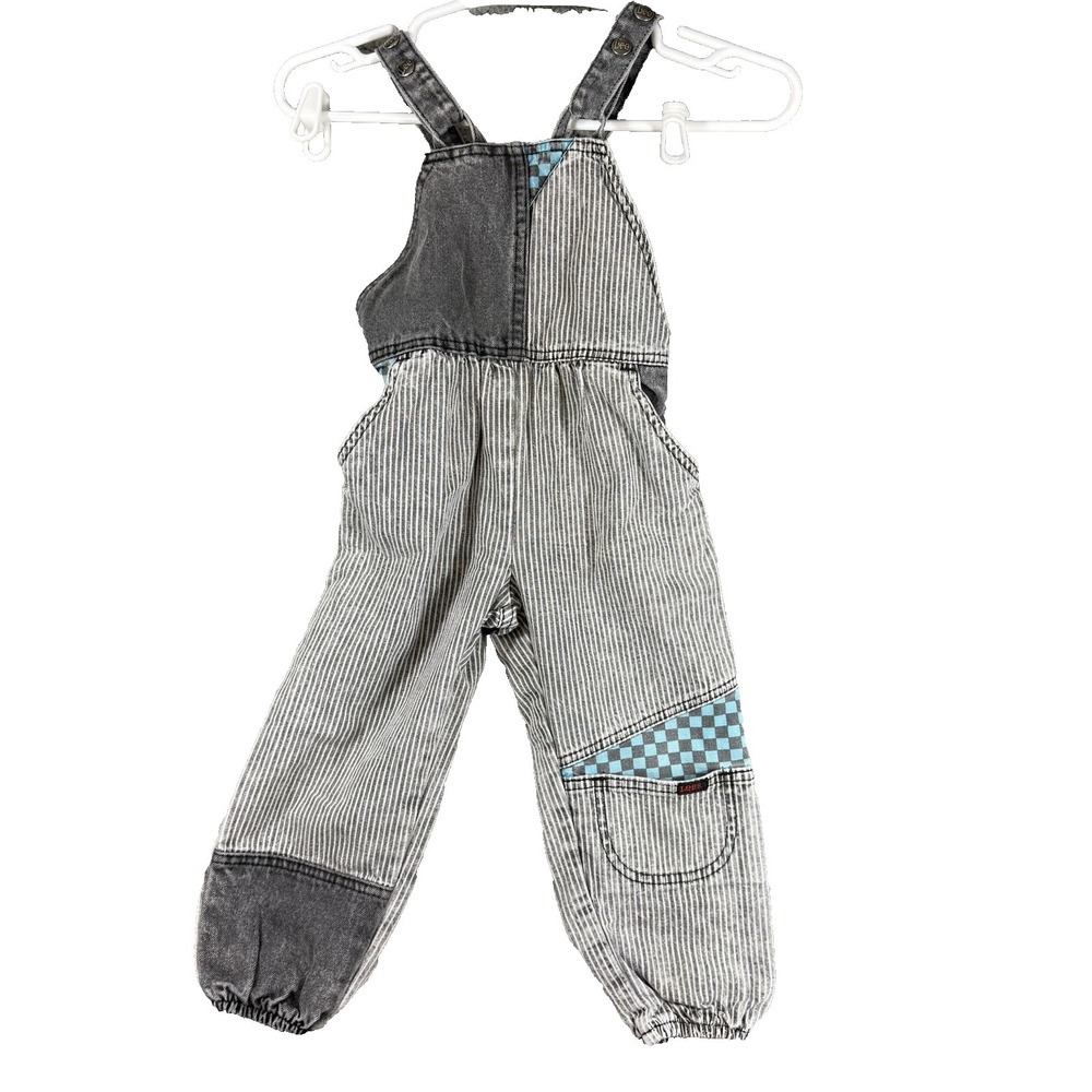 Vintage Lee 4T Gray Denim Patchwork Bib Overalls Engineer Striped Racing Checked